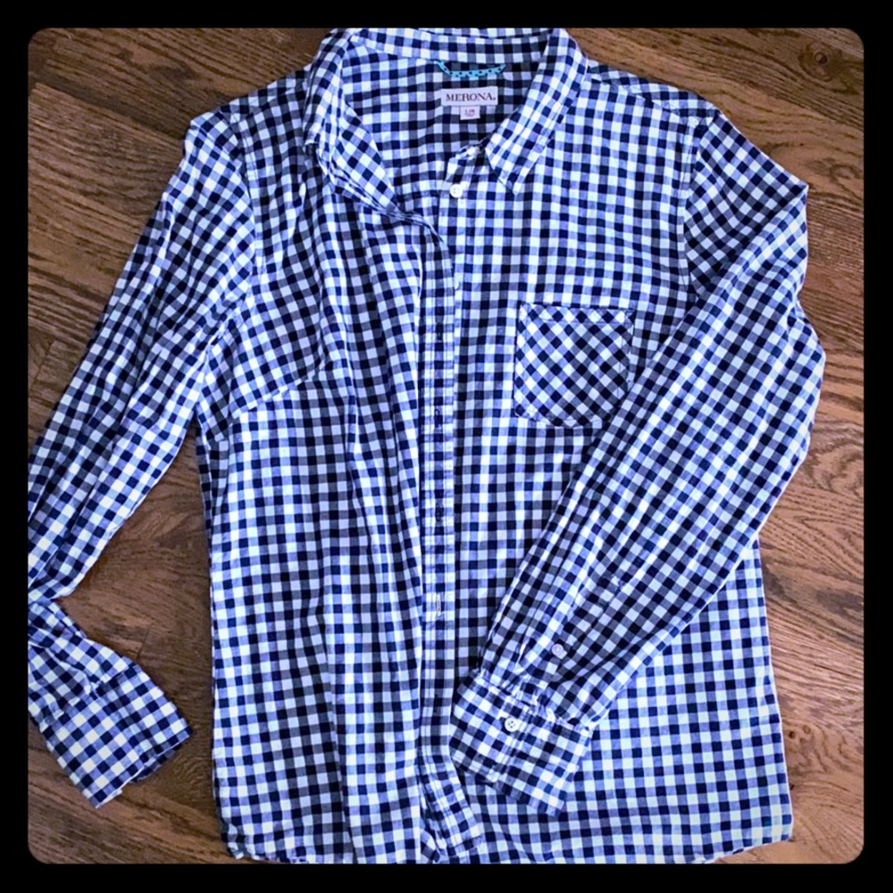 Merona Buffalo Plaid Navy & White Button Down